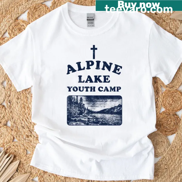 Youth camp T-shirt featuring an Alpine lake and mountain graphic