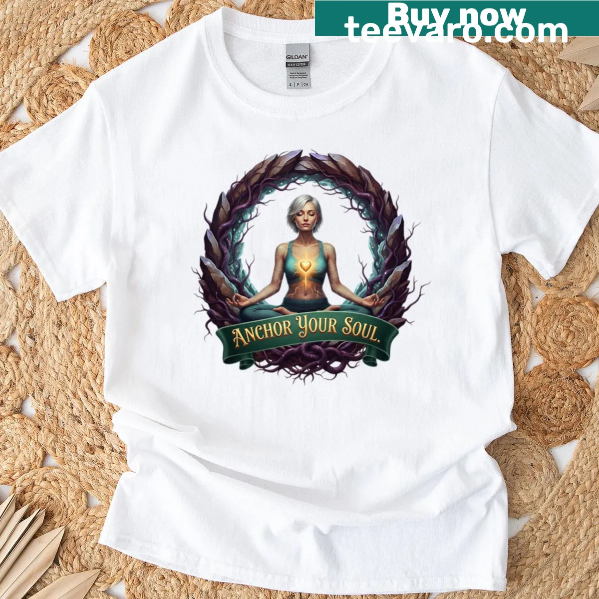 Spiritual pop art T-shirt featuring a heart chakra design for meditation — on a men's t-shirt