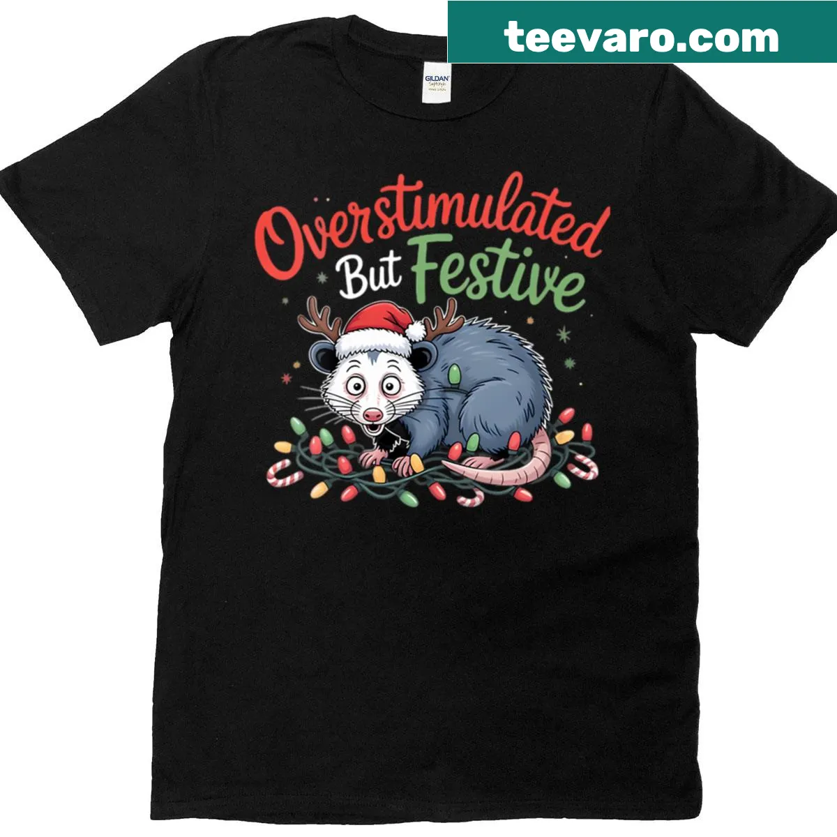 Cute Christmas T-shirt with goose and raccoon design — on a men's t-shirt