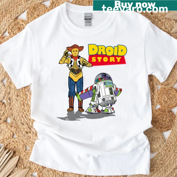 Cartoon T-shirt featuring Woody and Buzz from Andyroid Story