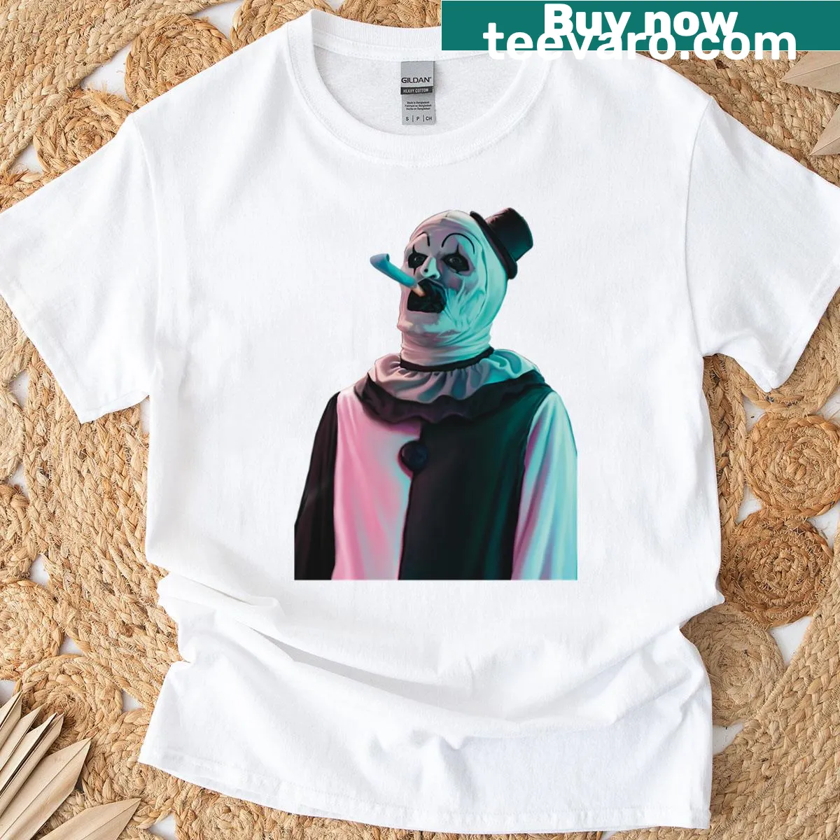 Terrifier T-shirt featuring a spooky party clown design — on a men's t-shirt