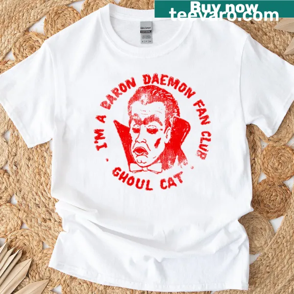 Ghoul cat graphic on horror-themed Baron Daemon T-shirt.