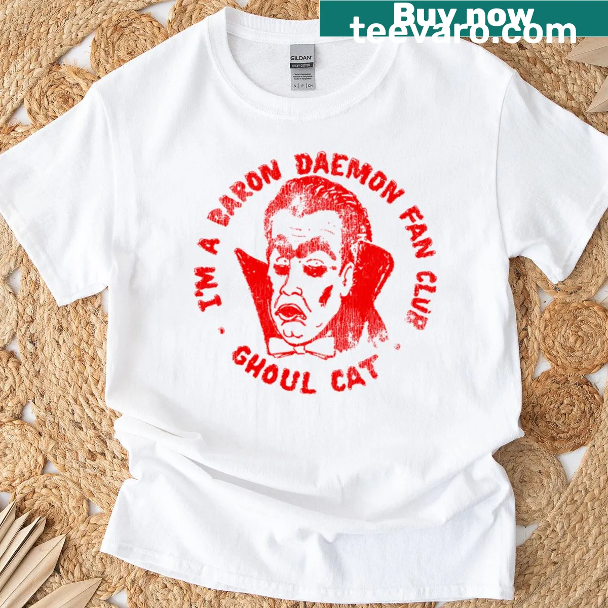 Ghoul cat graphic on horror-themed Baron Daemon T-shirt. — on a men's t-shirt