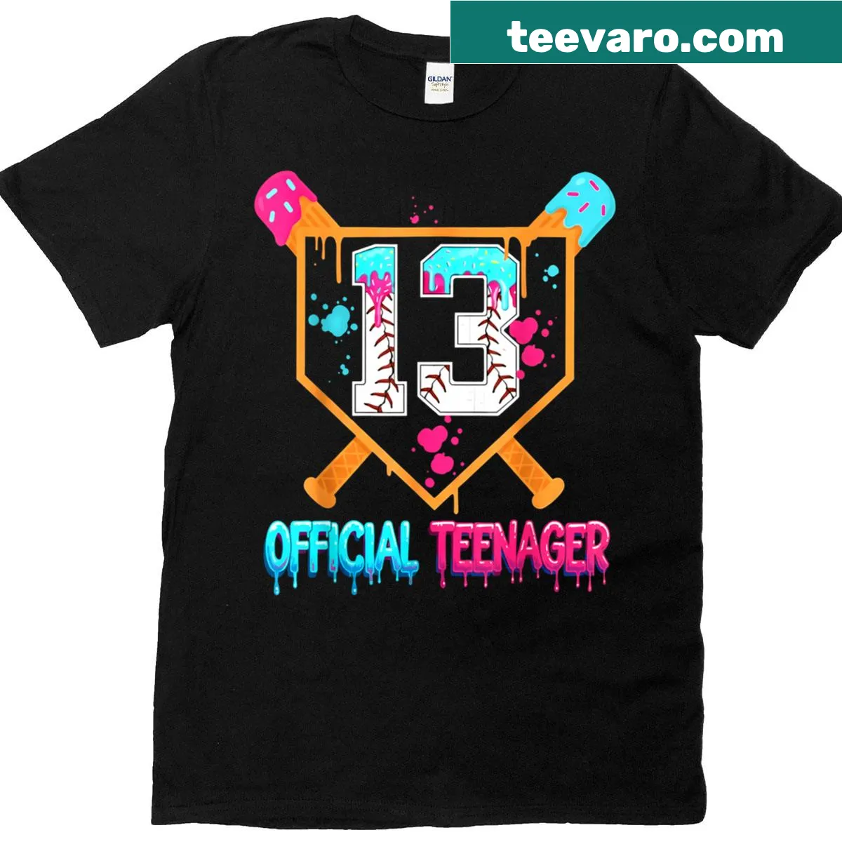 Illustrative Baseball Drip T-shirt with ice cream and baseball graphics for teens. — on a men's t-shirt