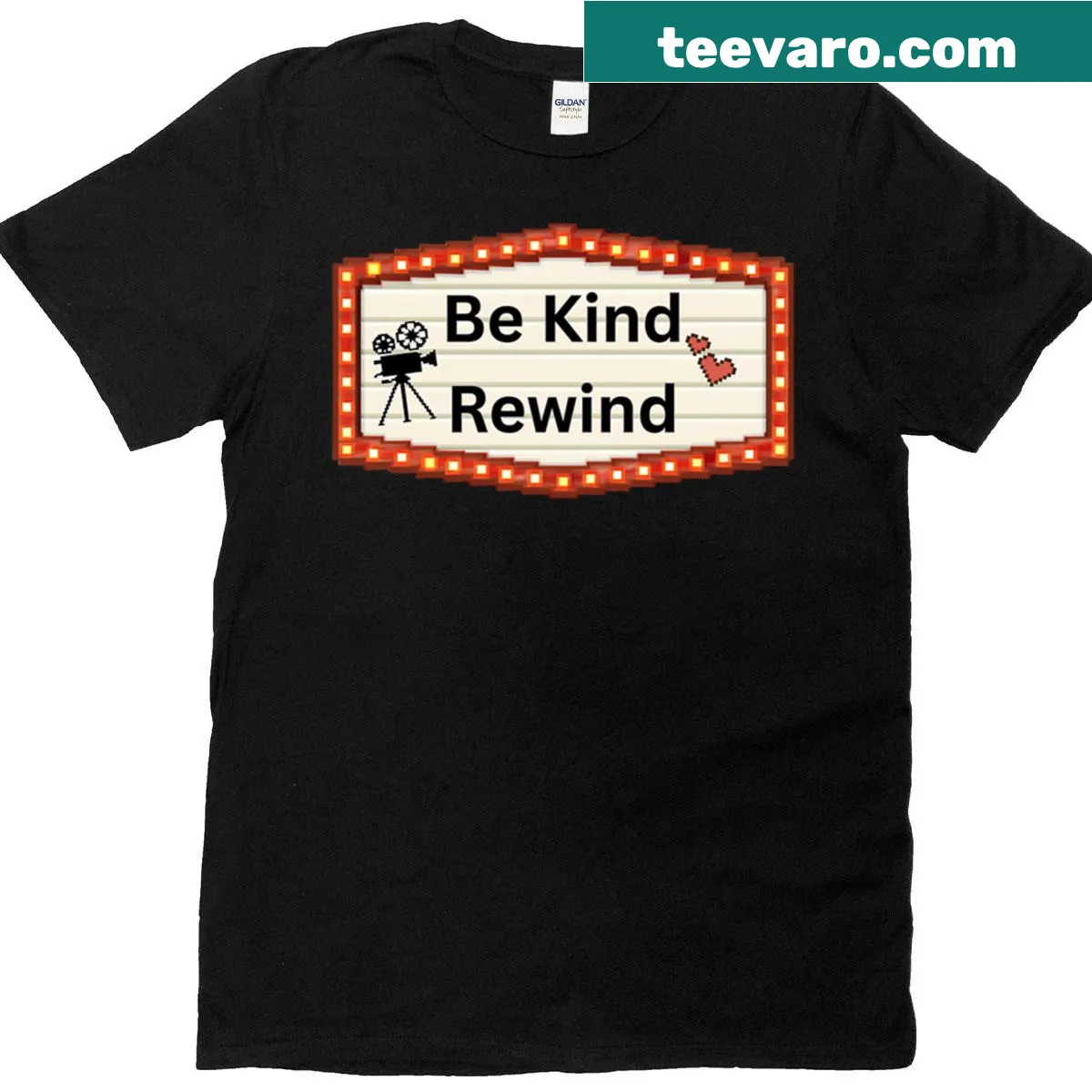 Retro VHS-themed Be Kind Rewind T-shirt with pixel art design — on a men's t-shirt