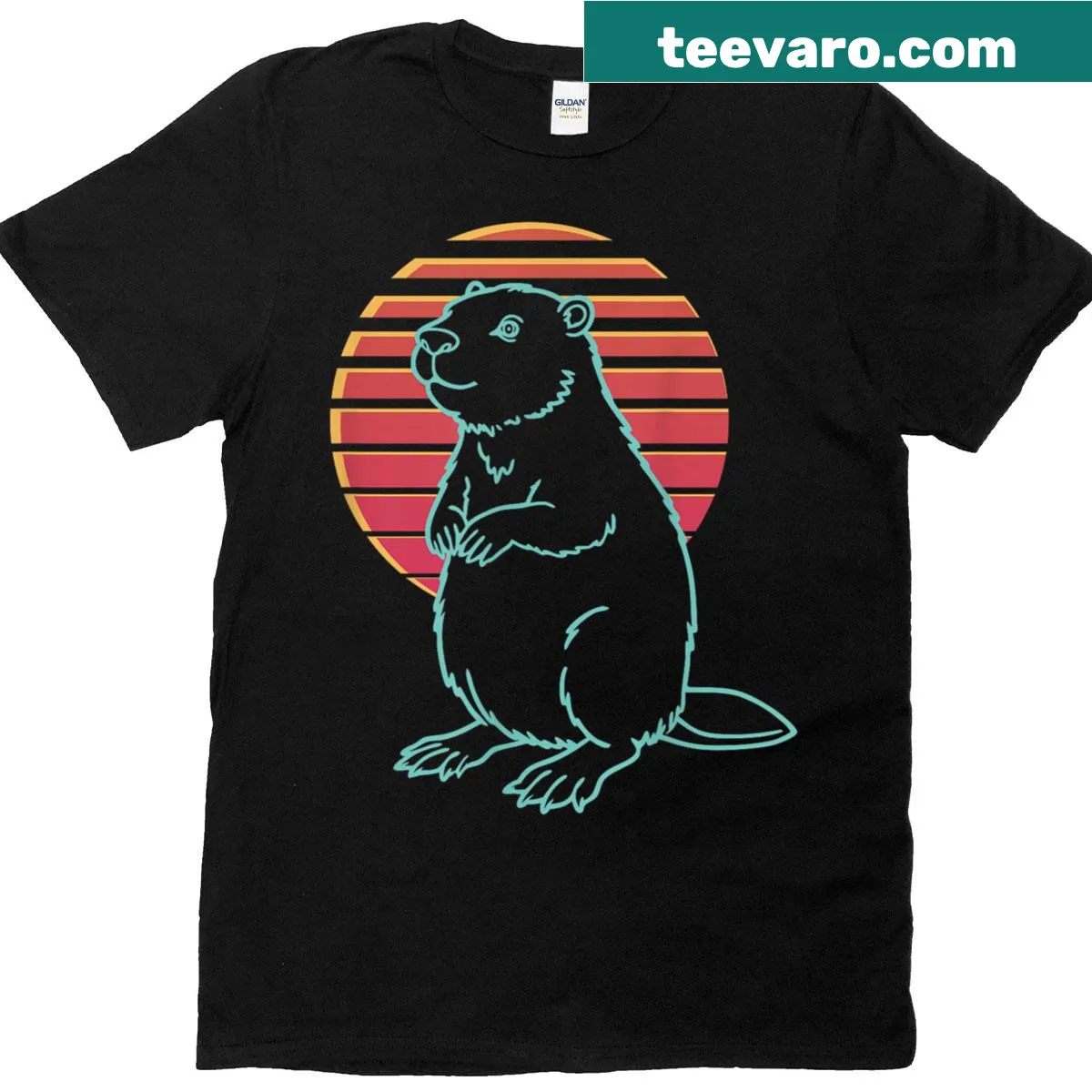 Retro synthwave beaver lover t-shirt — on a men's t-shirt