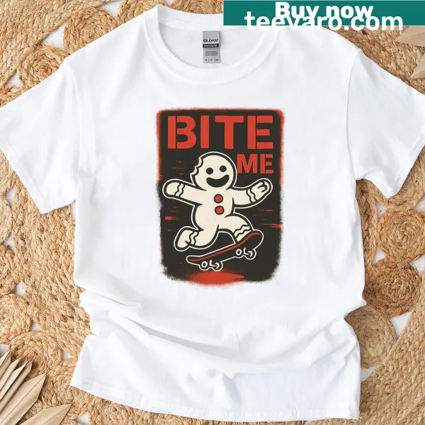 Gingerbread man on skateboard with 'Bite Me' in graffiti style for Christmas