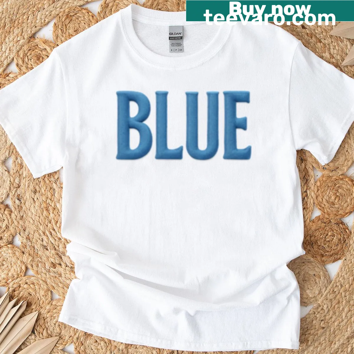 Blue embroidered text design T-shirt for everyday wear — on a men's t-shirt
