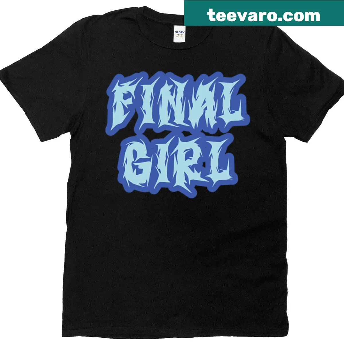Playful Blue Final Girl t-shirt celebrating horror tropes — on a men's t-shirt