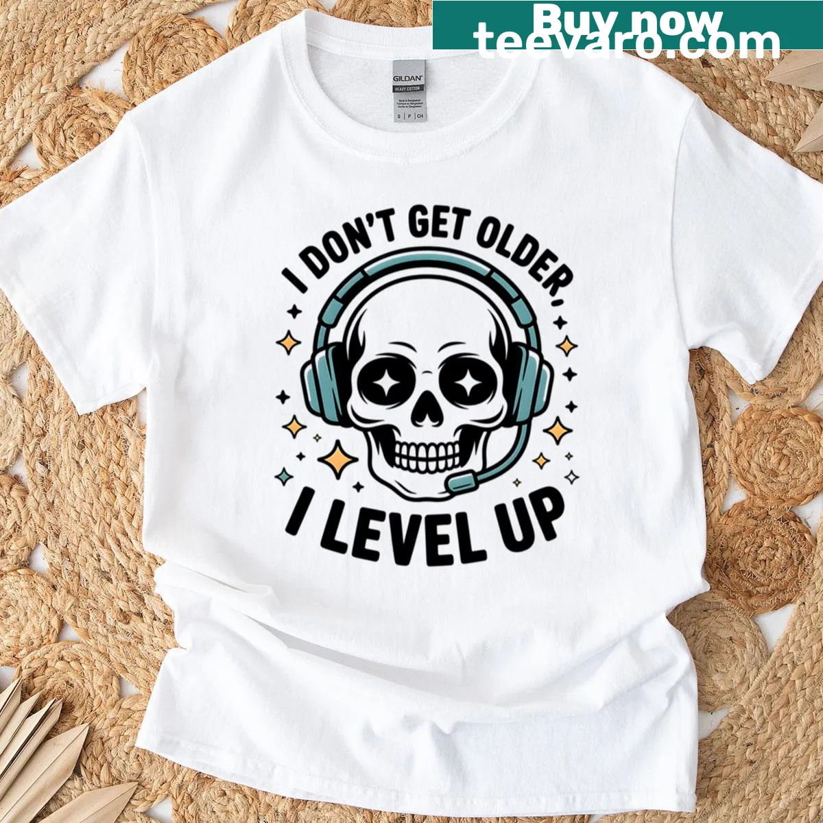 Skull with headset graphic art for gamers T-shirt — on a men's t-shirt