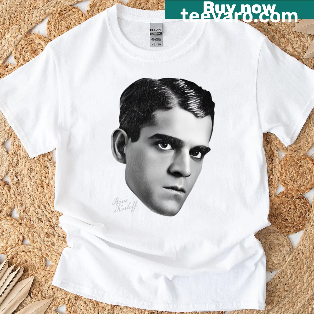 Vintage-style t-shirt featuring Boris Karloff and horror movie themes — on a men's t-shirt