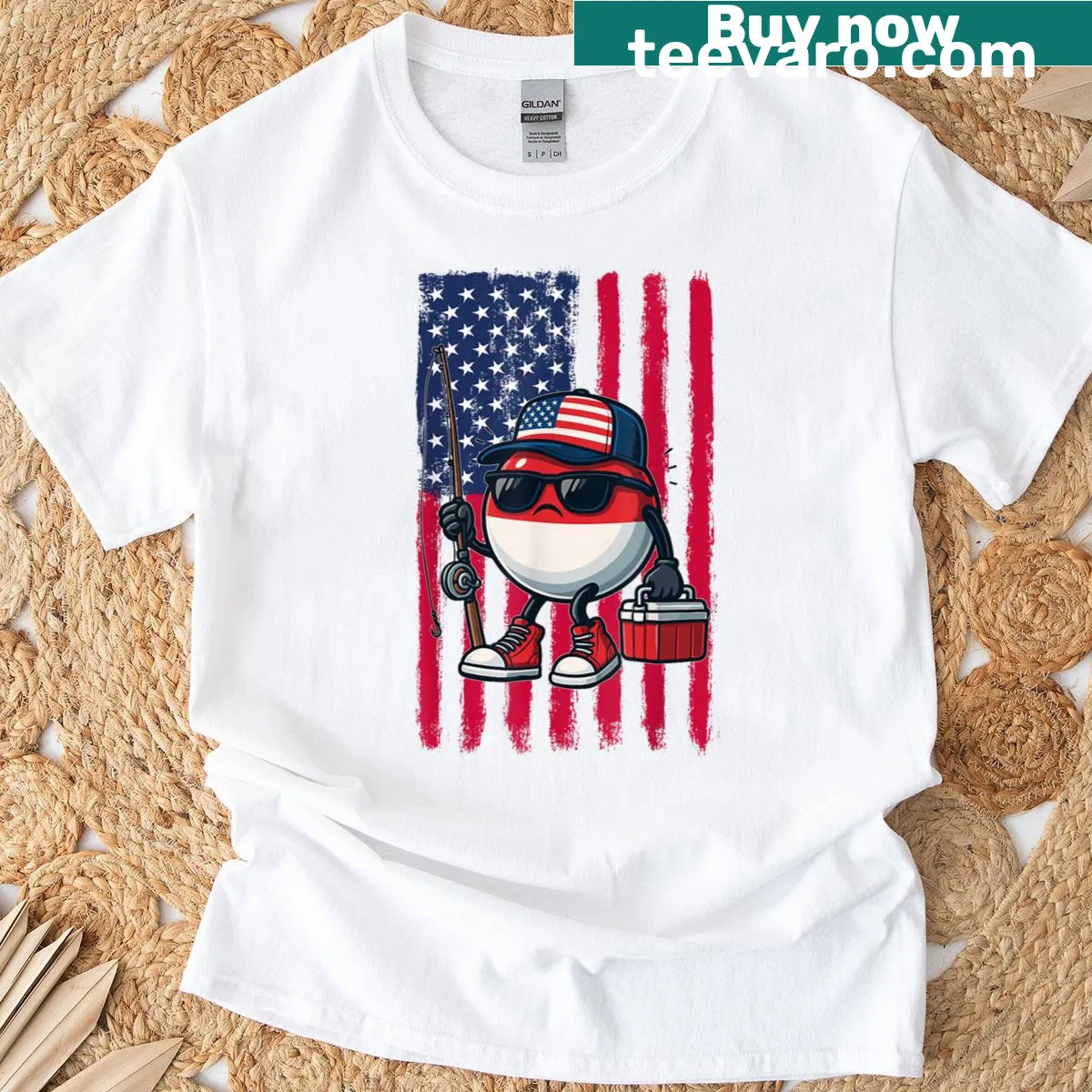 Fishing rod silhouette over American flag on a t-shirt — on a men's t-shirt