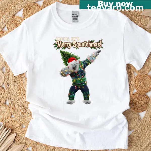Dabbing Bigfoot with Merry Squatchmas text on a t-shirt