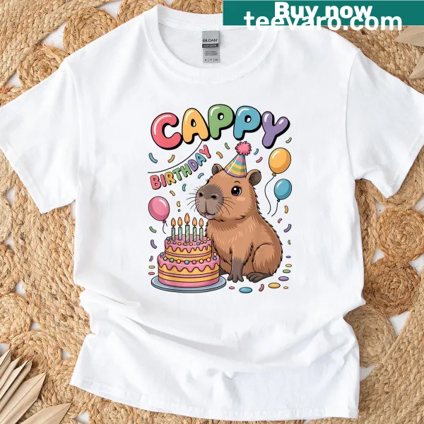 Cute cartoon capybara in birthday celebration graphic t-shirt