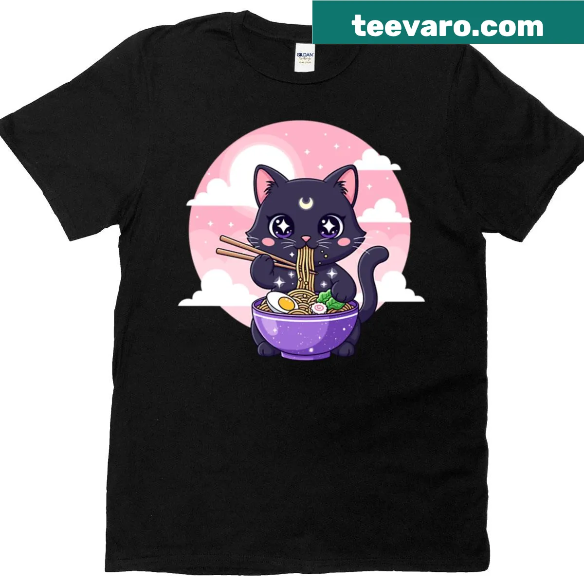 Cute kawaii graphic of a cat eating ramen in a bowl — on a men's t-shirt