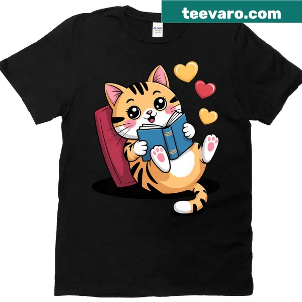Kawaii t-shirt featuring a cat reading a book