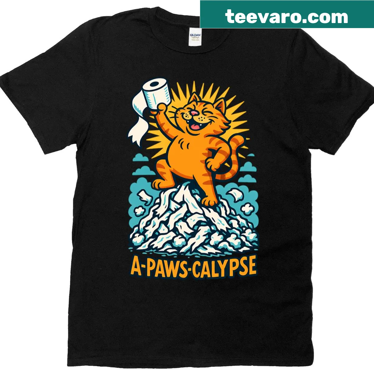 Humorous T-shirt featuring a cat and toilet paper chaos — on a men's t-shirt