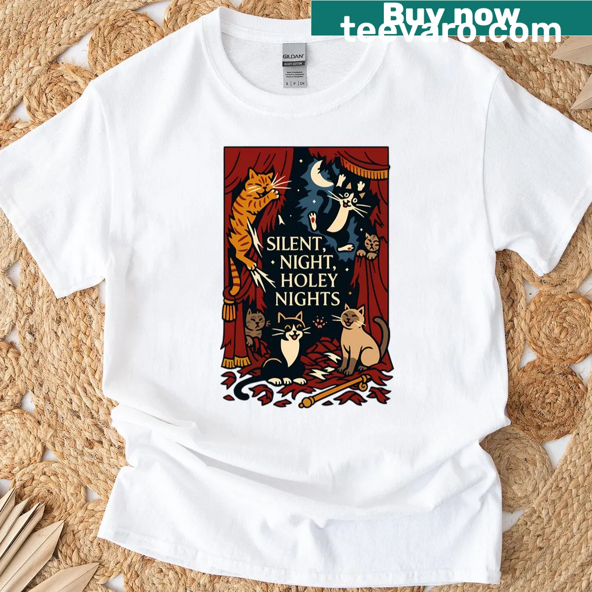 Illustration of cats destroying Christmas curtains humor T-shirt — on a men's t-shirt