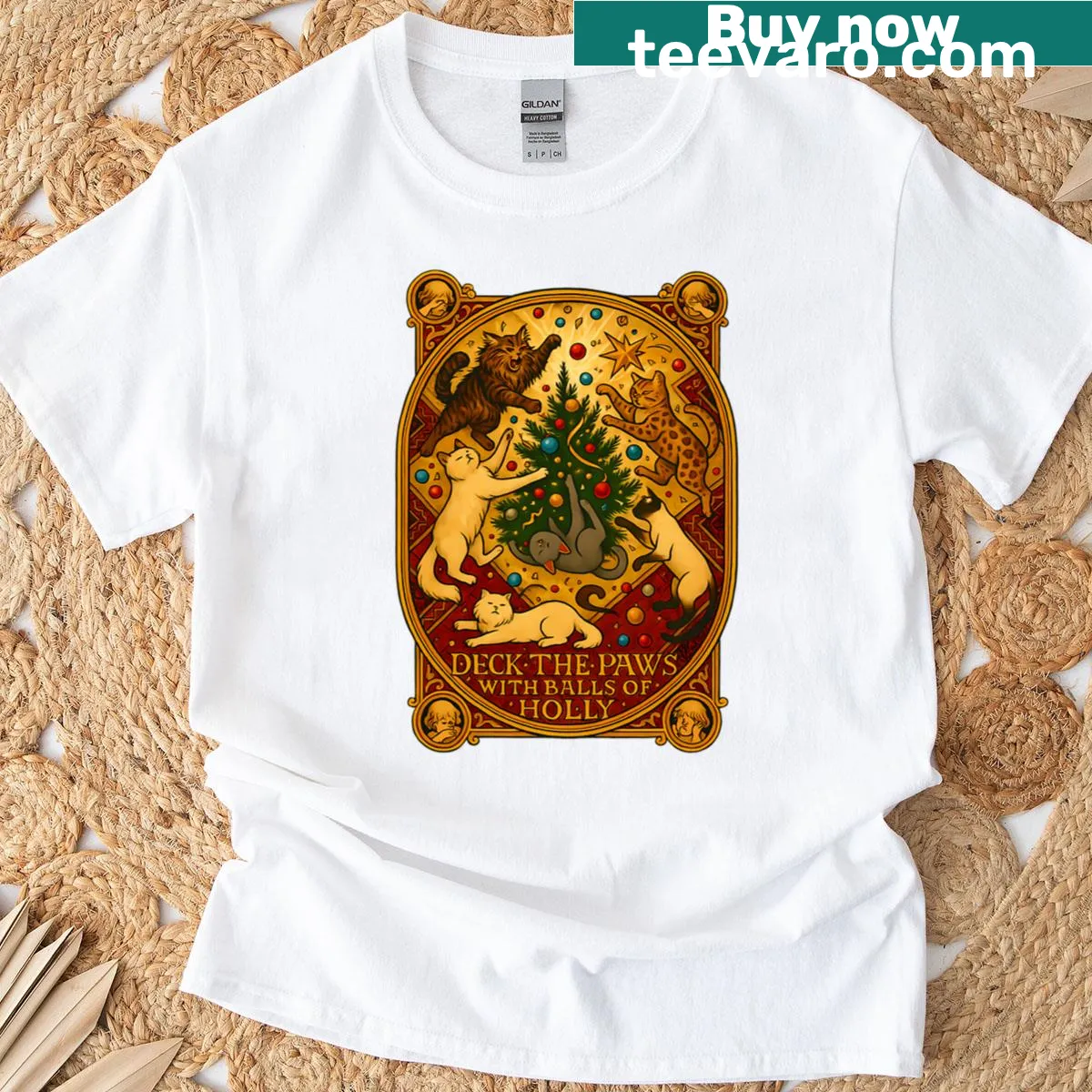 Whimsical illustration of cats among Christmas tree ornaments — on a men's t-shirt