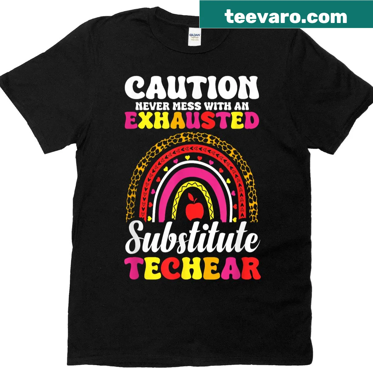 Caution t-shirt for exhausted substitute teachers with bold typography — on a men's t-shirt