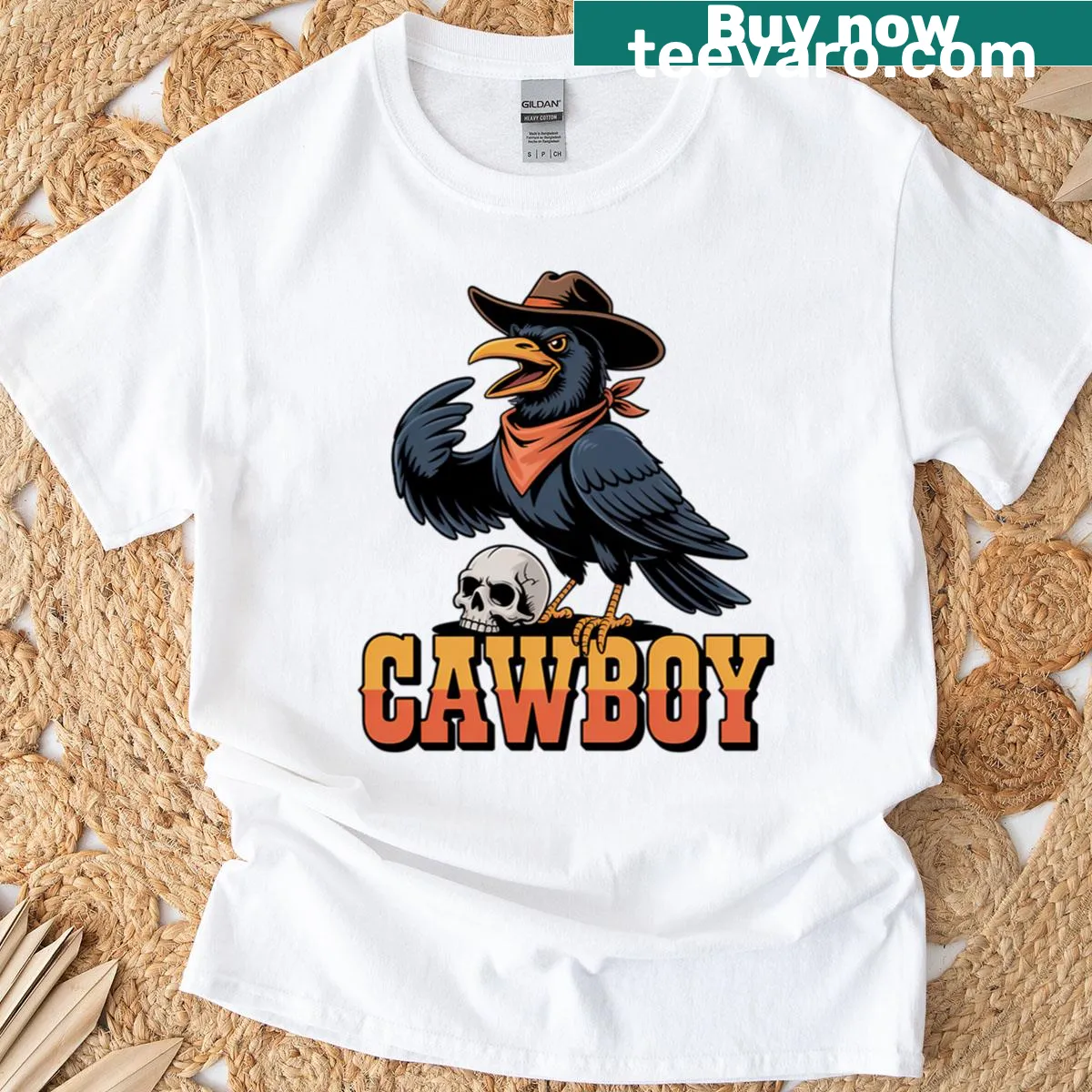 Illustration of a raven and cowboy skull on an oversized T-shirt — on a men's t-shirt