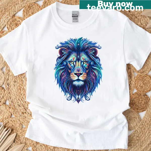 Lion graphic with galaxy design on T-shirt