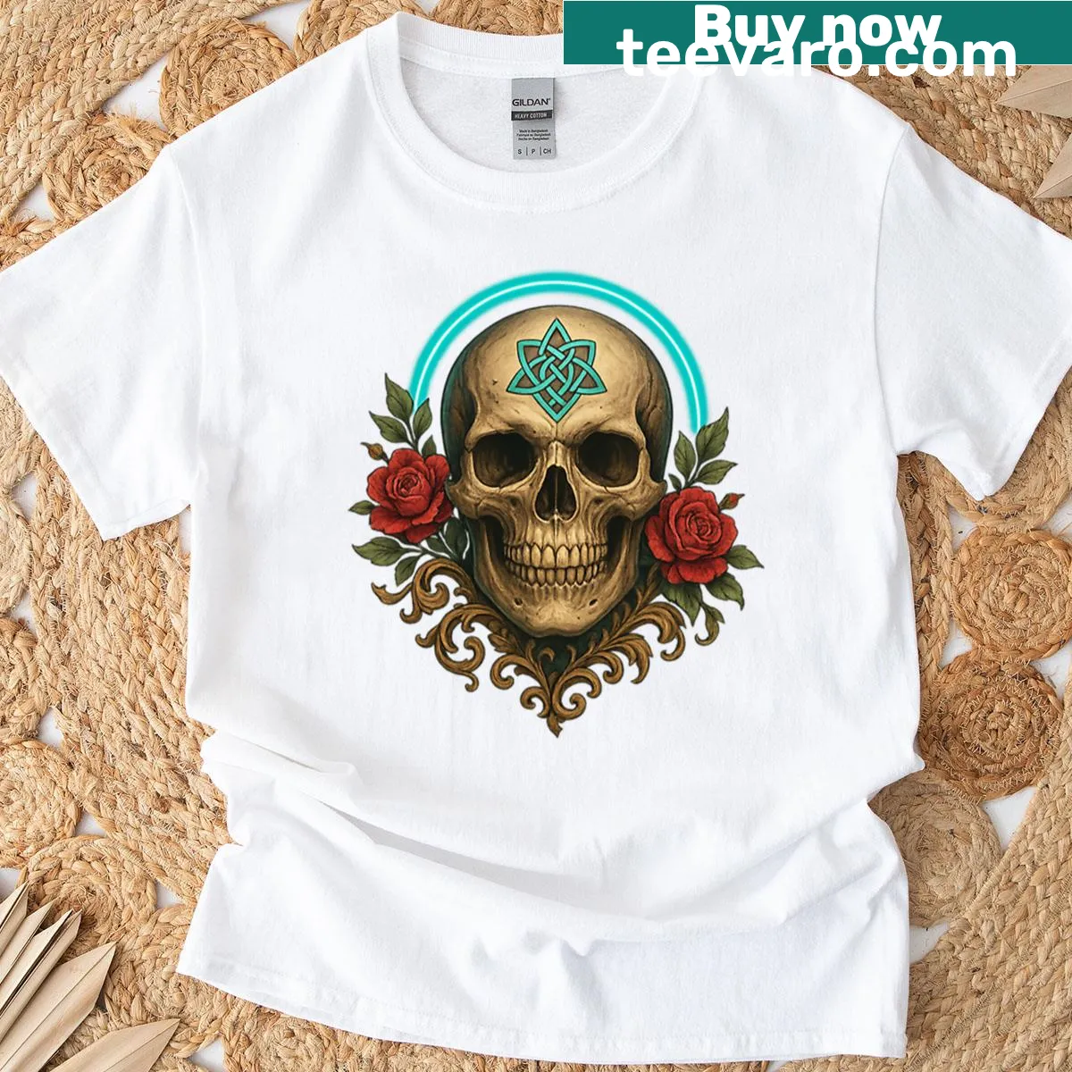 Celtic skull with roses graphic t-shirt in vintage style — on a men's t-shirt