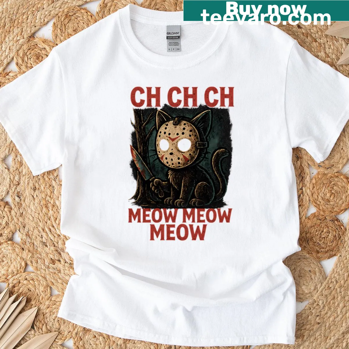 Grunge Halloween T-shirt with funny cat-themed text design — on a men's t-shirt