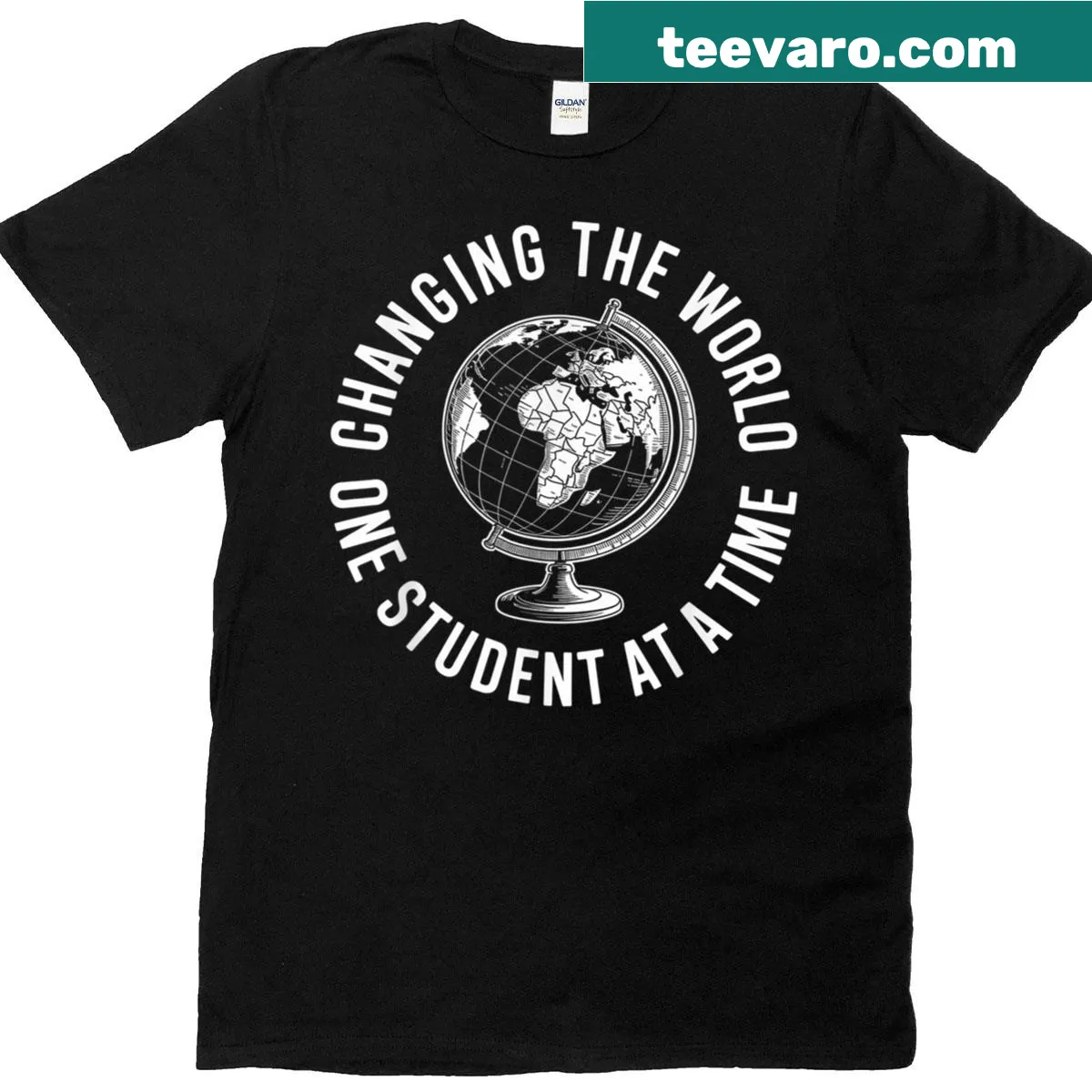 Inspirational t-shirt for teachers with 'Changing The World' text — on a men's t-shirt