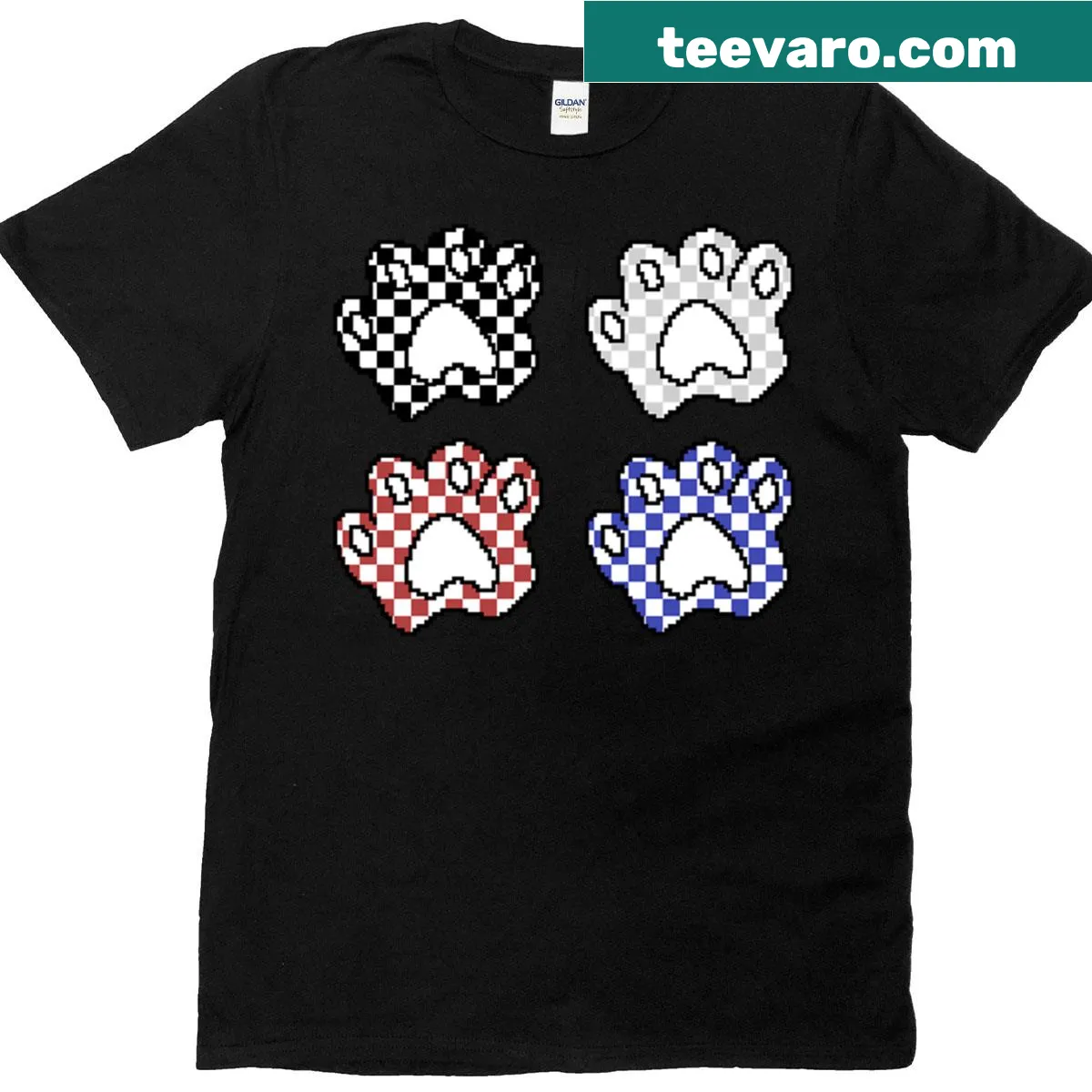 Checkered cat paw design t-shirt — on a men's t-shirt
