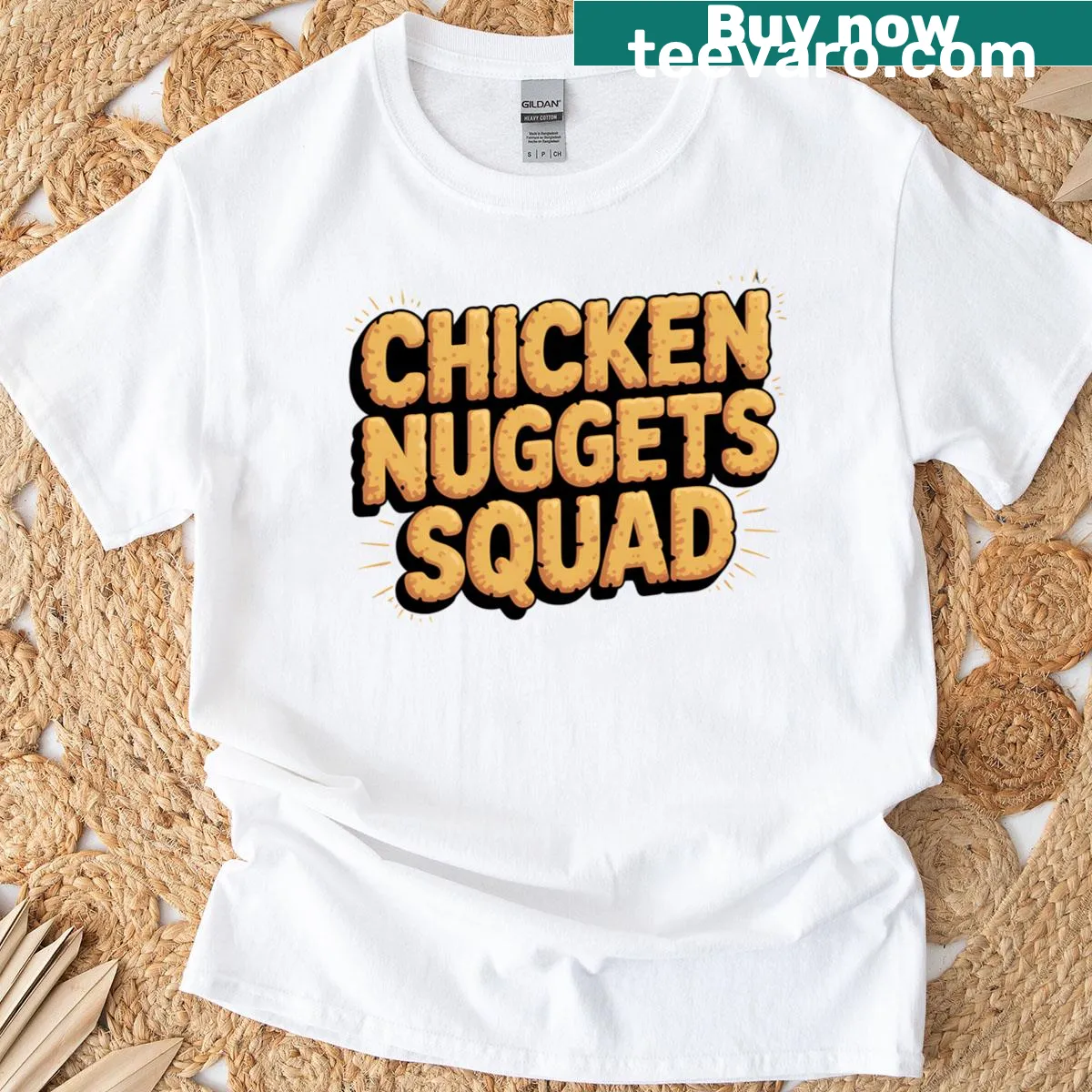 Funny cartoon Chicken Nuggets Squad graphic t-shirt for kids — on a men's t-shirt