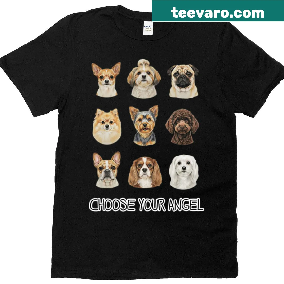 Illustration of nine small dog breeds with the phrase 'Choose Your Angel' — on a men's t-shirt
