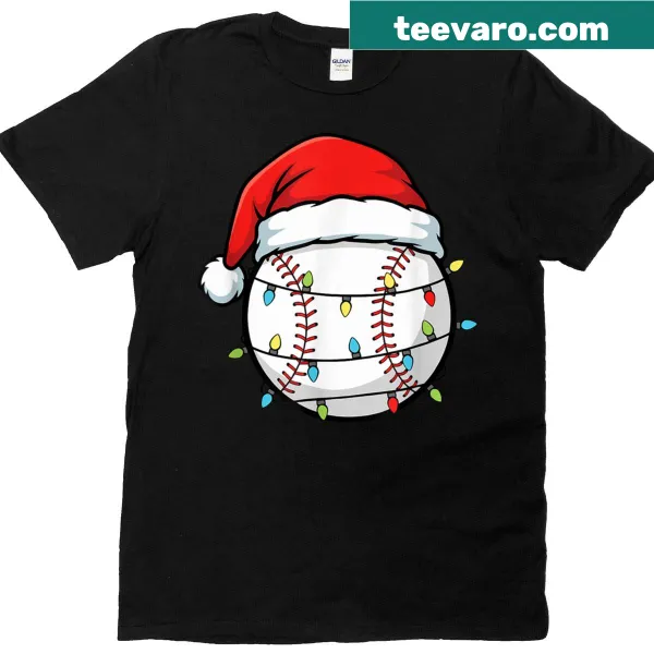Funny T-shirt with baseball in Santa hat and holiday lights design.
