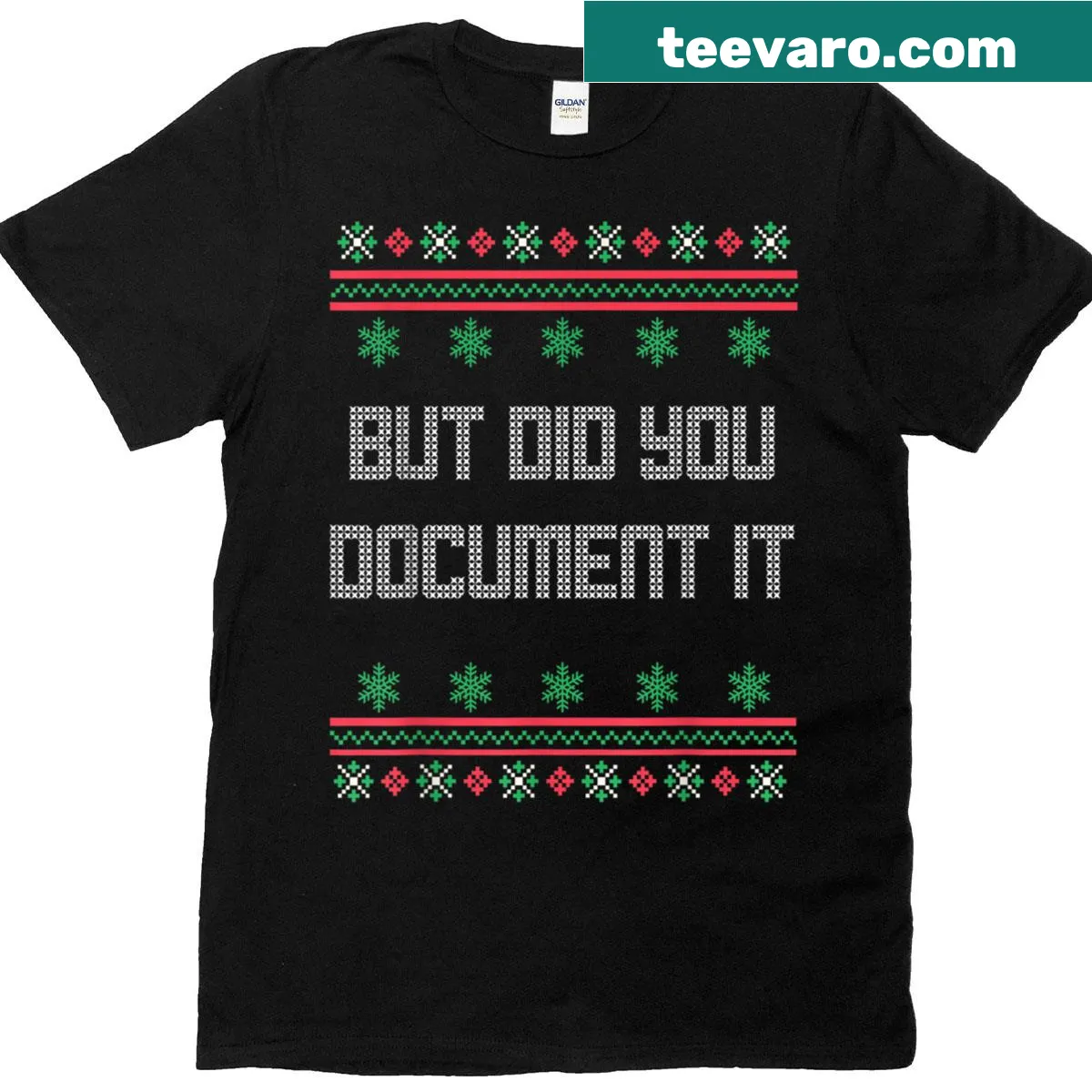 Ugly Christmas office t-shirt with humorous photo documentation slogan — on a men's t-shirt