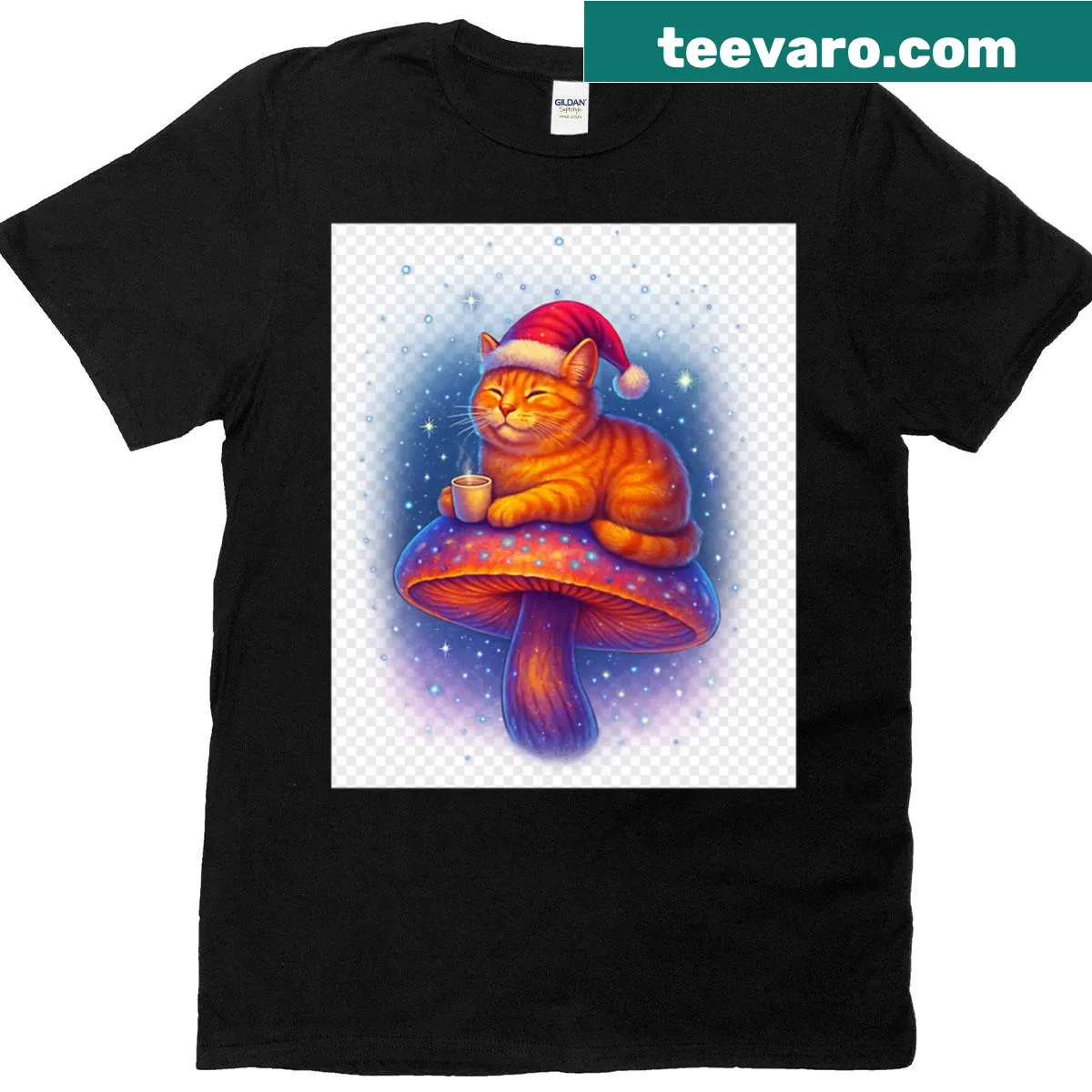 Whimsical design of a cat on a magic mushroom in a snowy scene — on a men's t-shirt