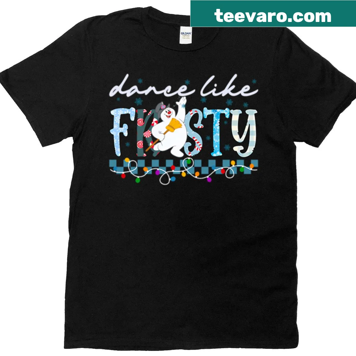 Cute cartoon snowman design on a Christmas-themed T-shirt — on a men's t-shirt