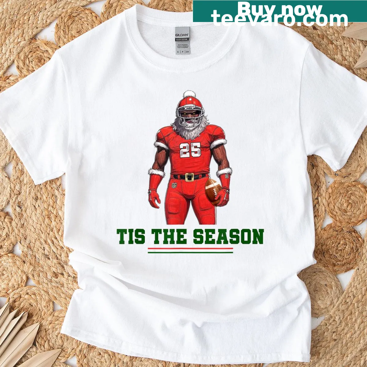 Funny Christmas Santa with football design T-shirt — on a men's t-shirt