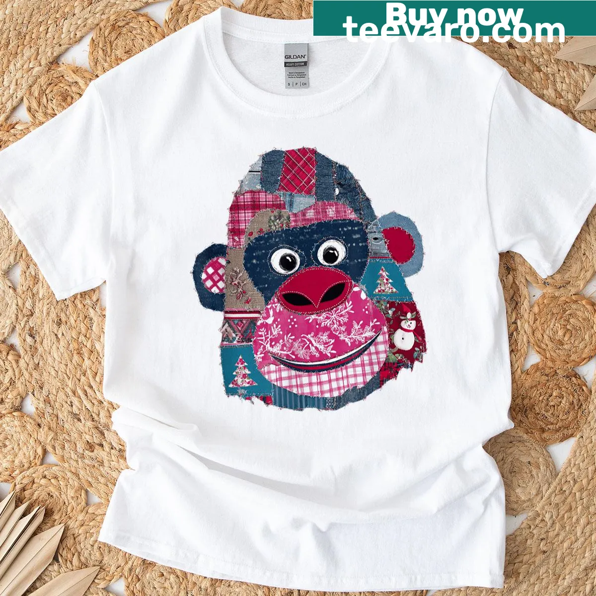Cute patchwork monkey face design for Christmas. — on a men's t-shirt
