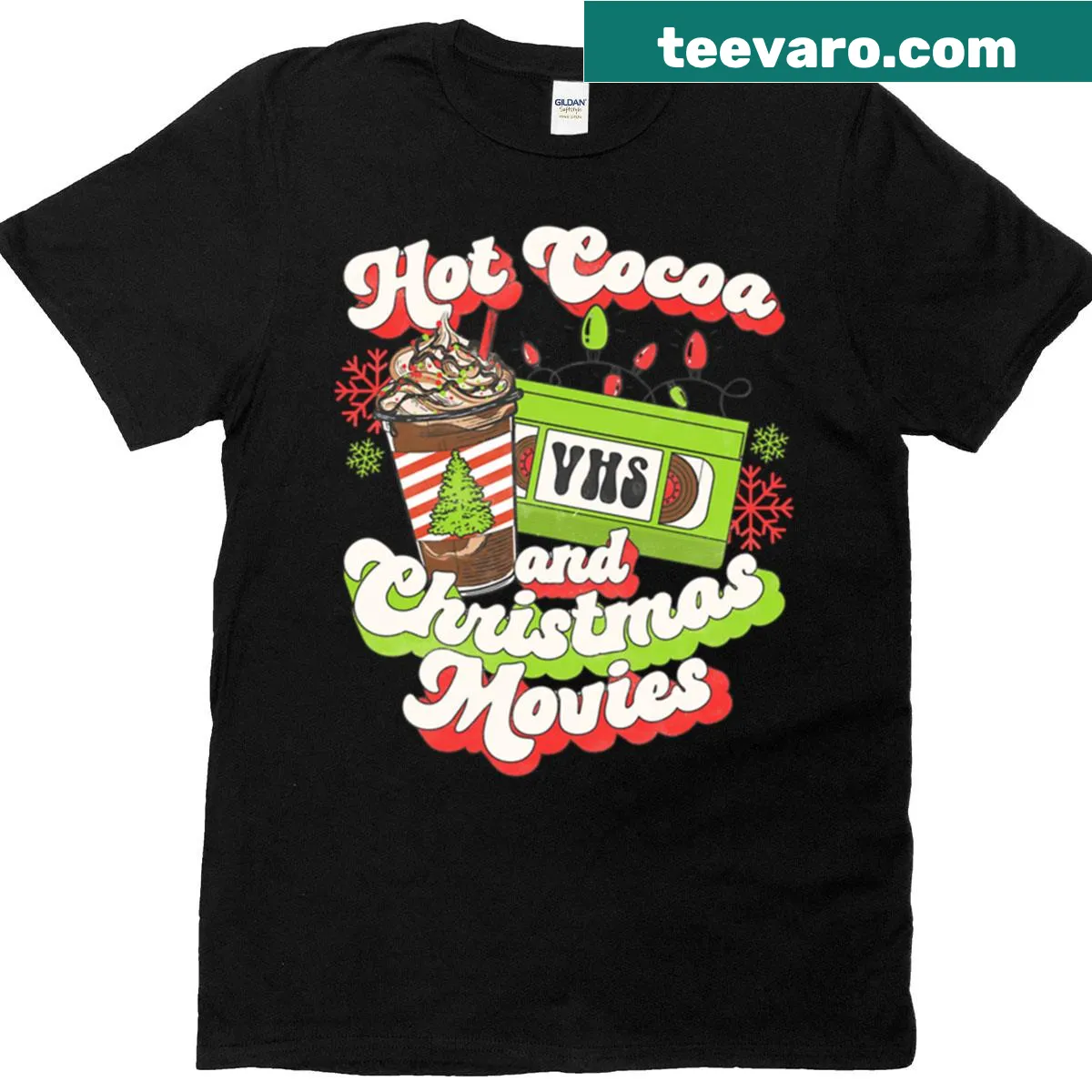Festive typography t-shirt celebrating Christmas movies and hot cocoa — on a men's t-shirt