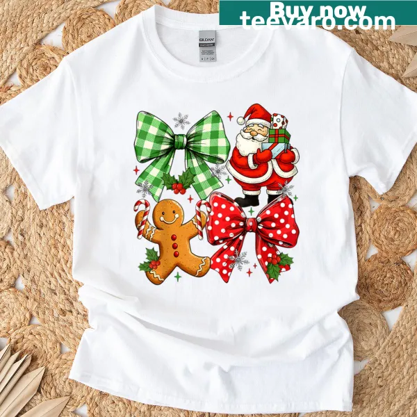 Retro Santa and gingerbread men T-shirt with a coquette bow design