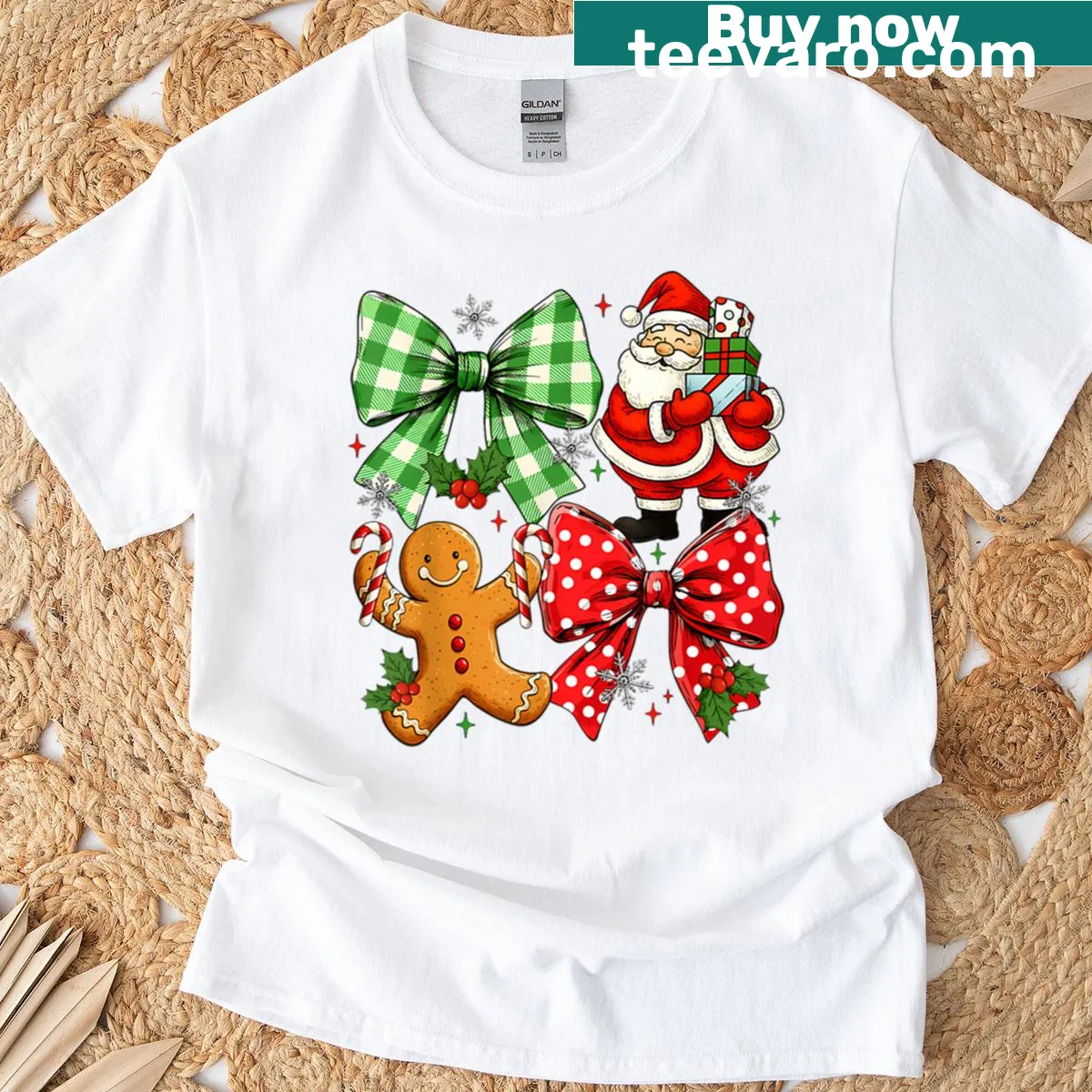 Retro Santa and gingerbread men T-shirt with a coquette bow design — on a men's t-shirt