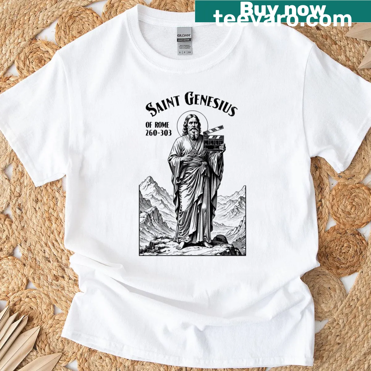 Graphic honoring Genesius, patron saint of actors and directors — on a men's t-shirt