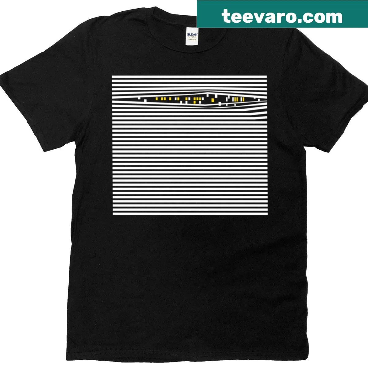 Minimalist city life typography t-shirt representing nightlife — on a men's t-shirt