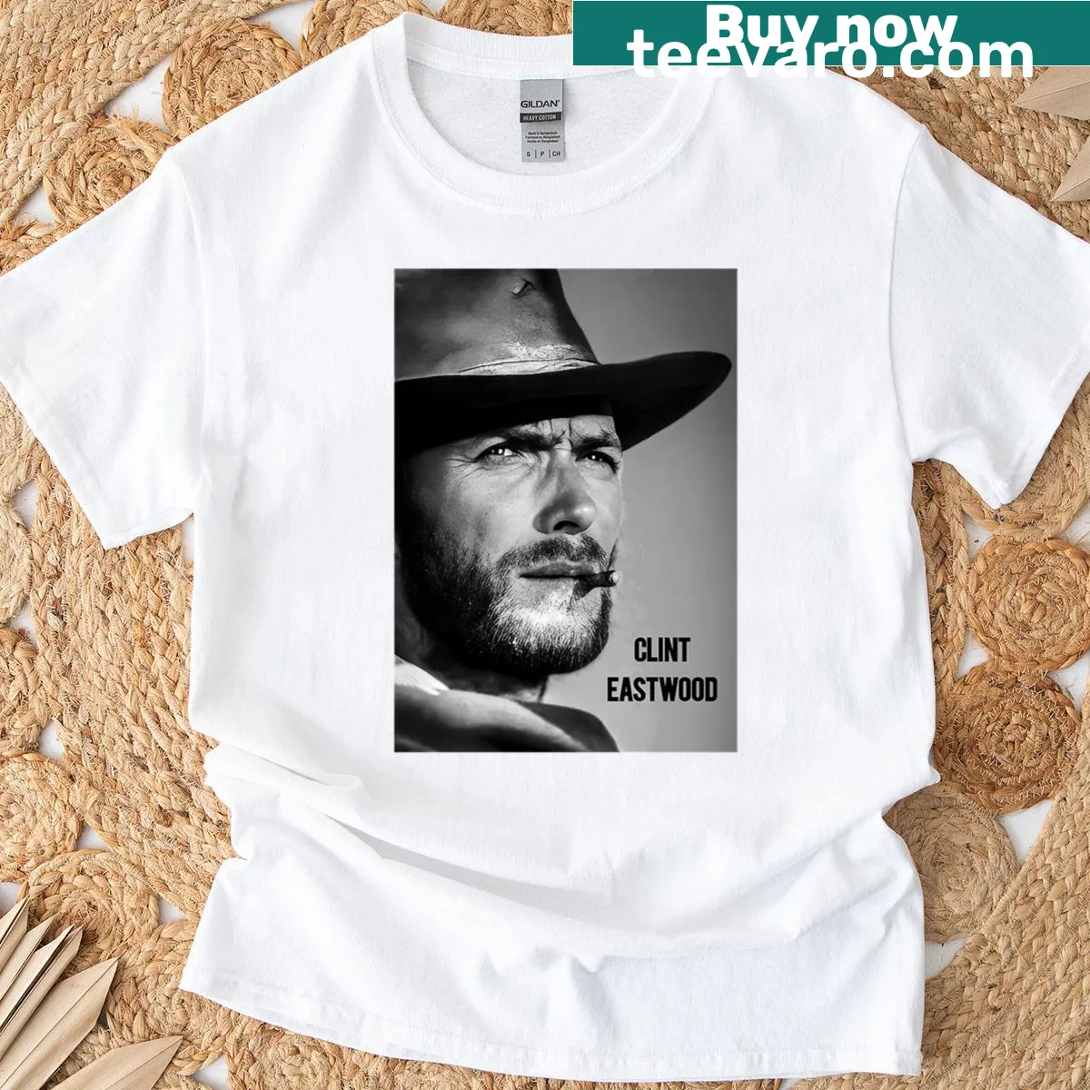 Classic black and white portrait of Clint Eastwood on a T-shirt — on a men's t-shirt