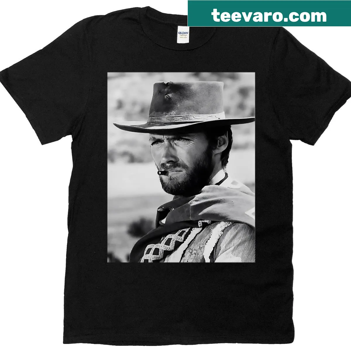 Striking portrait of Clint Eastwood on a classic t-shirt — on a men's t-shirt