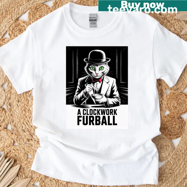 Playful Clockwork Furball T-shirt with cat design and gears