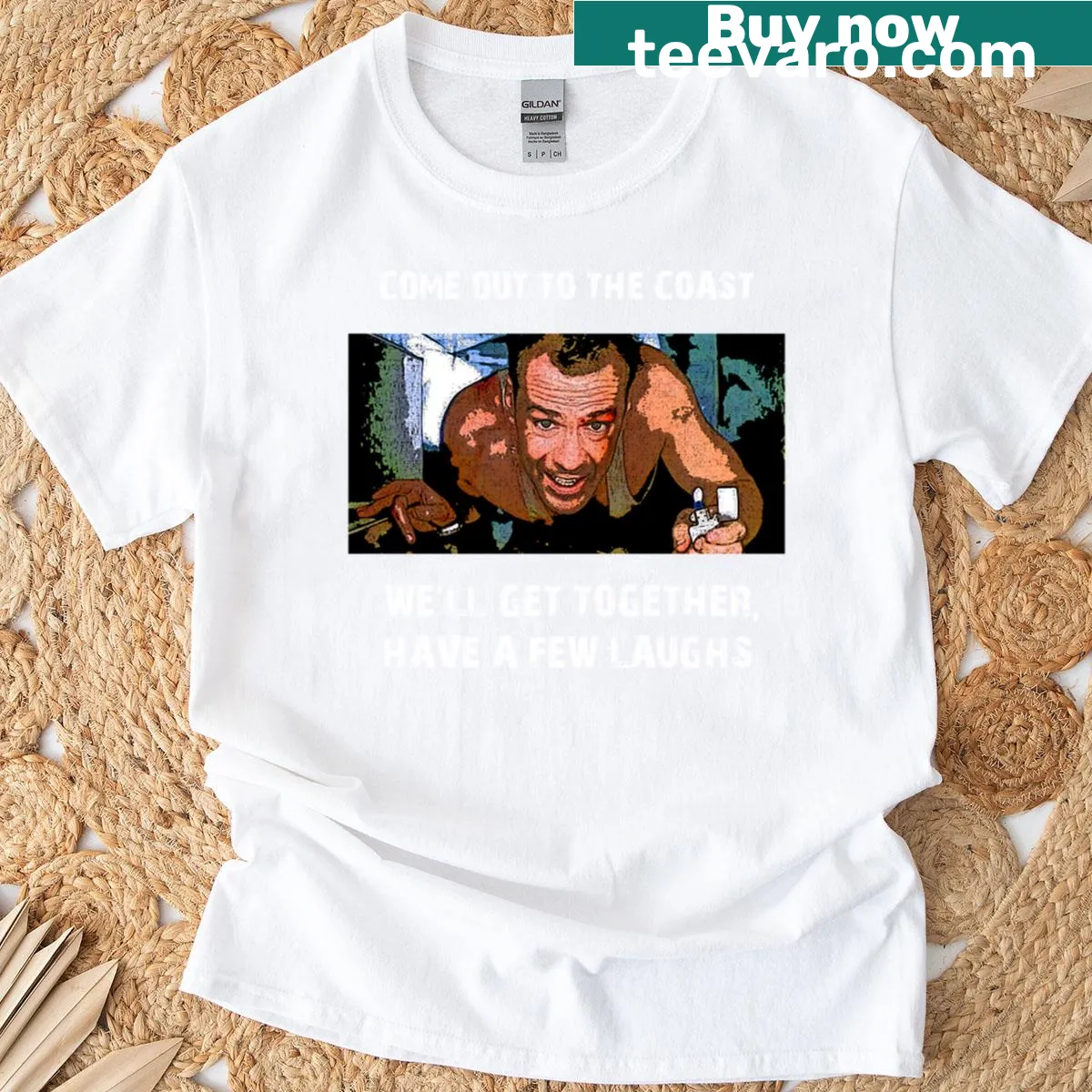 Coastal-themed t-shirt with palm trees and playful graphics — on a men's t-shirt