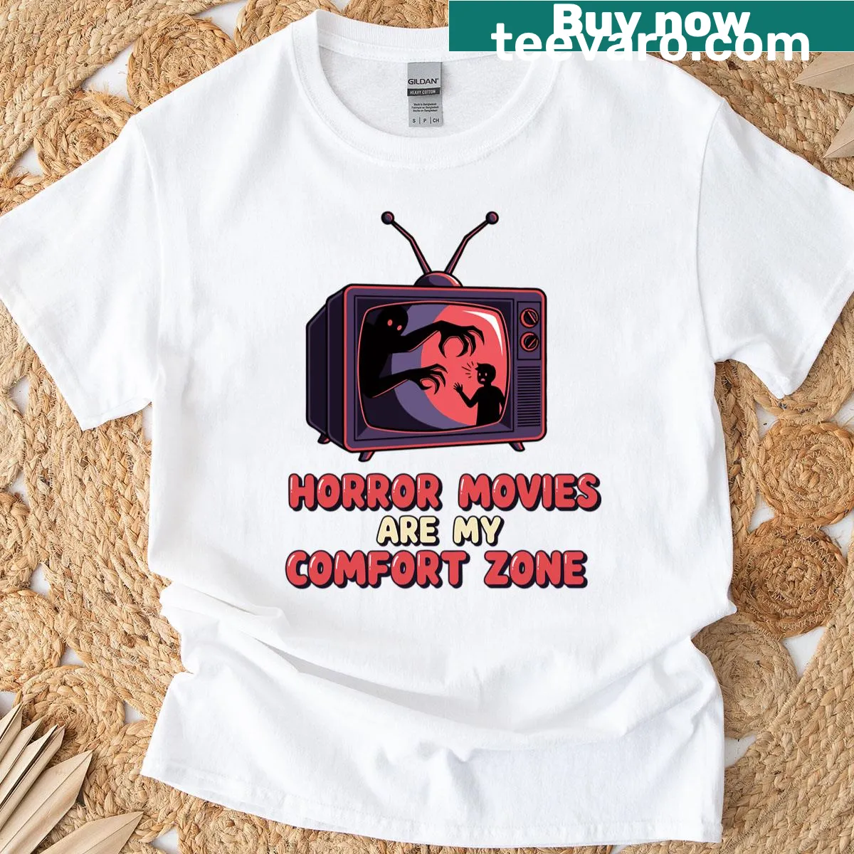 Retro horror movie lover oversized t-shirt with classic horror elements — on a men's t-shirt