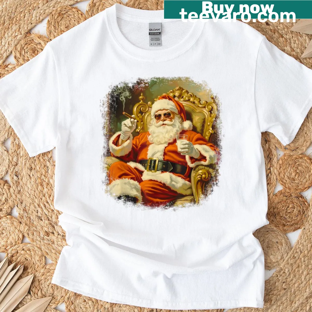 Vintage Santa T-shirt with big sunglasses graphic for Christmas — on a men's t-shirt