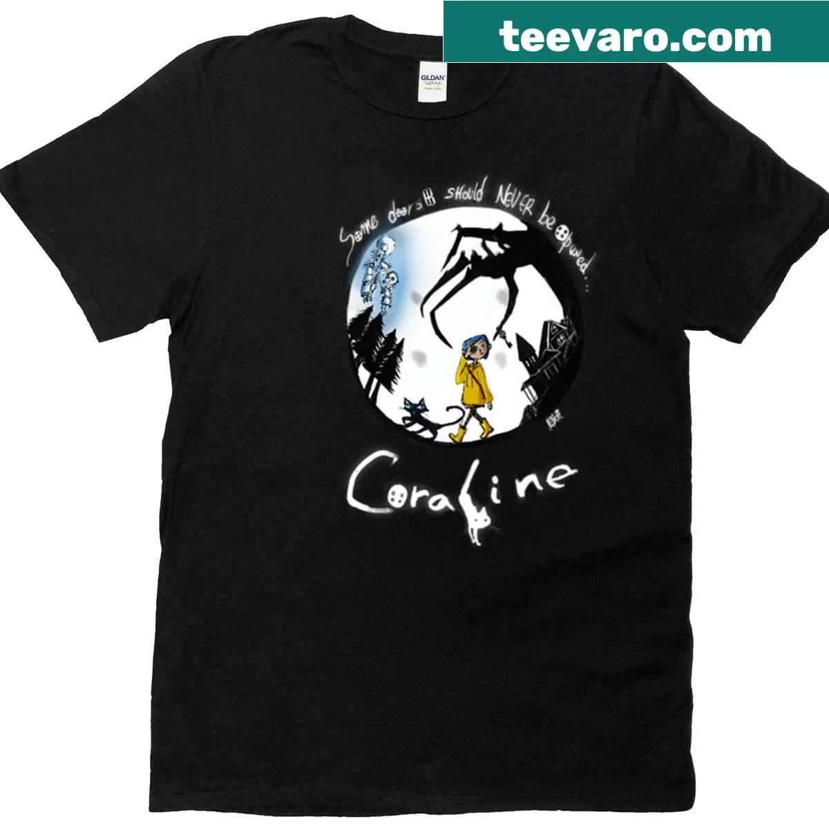 Coraline-inspired movie poster t-shirt design — on a men's t-shirt